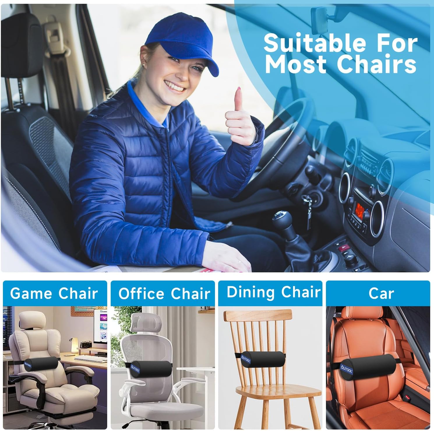 QUTOOL Lumbar Roll for Office Chair with Upgraded Strap