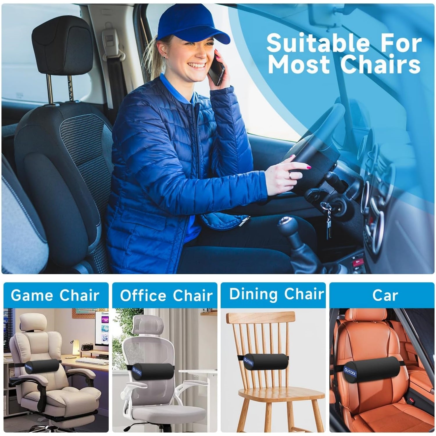 QUTOOL Lumbar Roll for Office Chair with Upgraded Strap Medium Soft-lumbar Roll