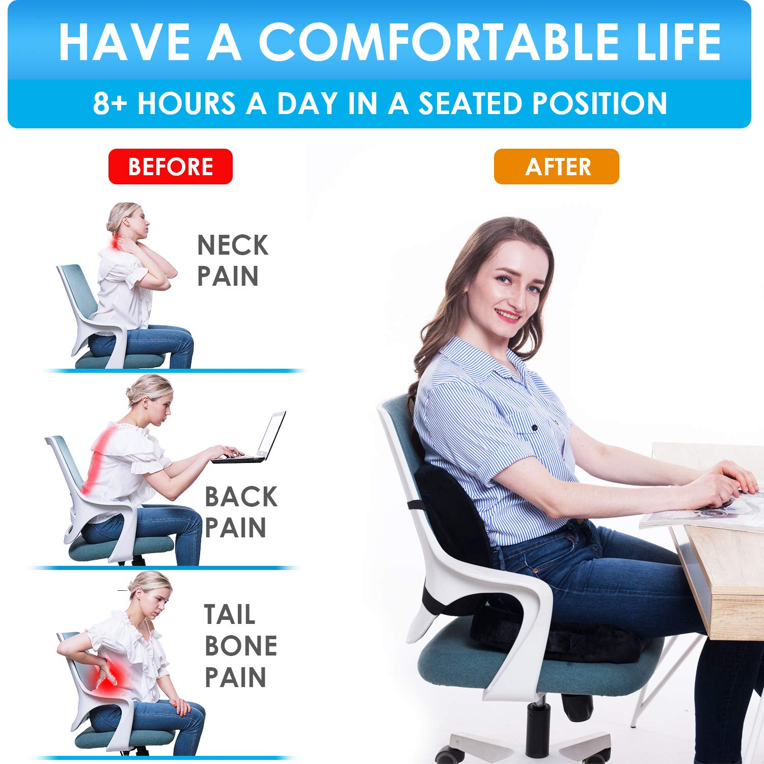 Qutool Memory Foam Coccyx Seat Cushion & Lumbar Support Pillow for Office  Chair, Car, Wheelchair Chair Cushion