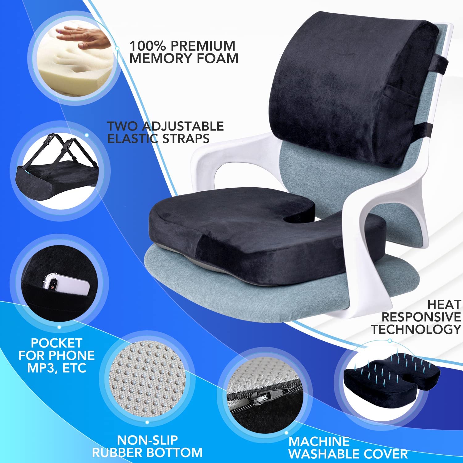 QUTOOL Orthopedic Seat Cushion and Lumbar Support Pillow -VELVET COVER